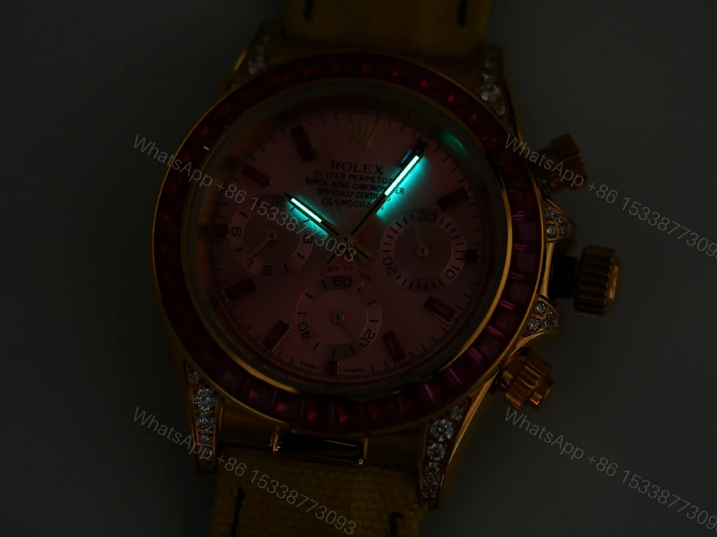 View 9 of Rolex Daytona Pink Ruby Yellow Strap Replica 43MM Exclusive Gold Case Edition RG-ROLEX-DAYTONA-PINK-RUBY-YELLOW-43