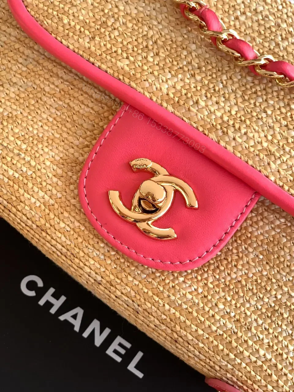 View 2 of Pink Trim Straw Bag with Chain Accent Compact Everyday Luxe