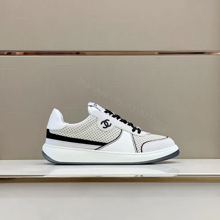 View 2 of Chanel-Inspired White/Black Perforated High-Top Sneaker, Luxury Comfort
