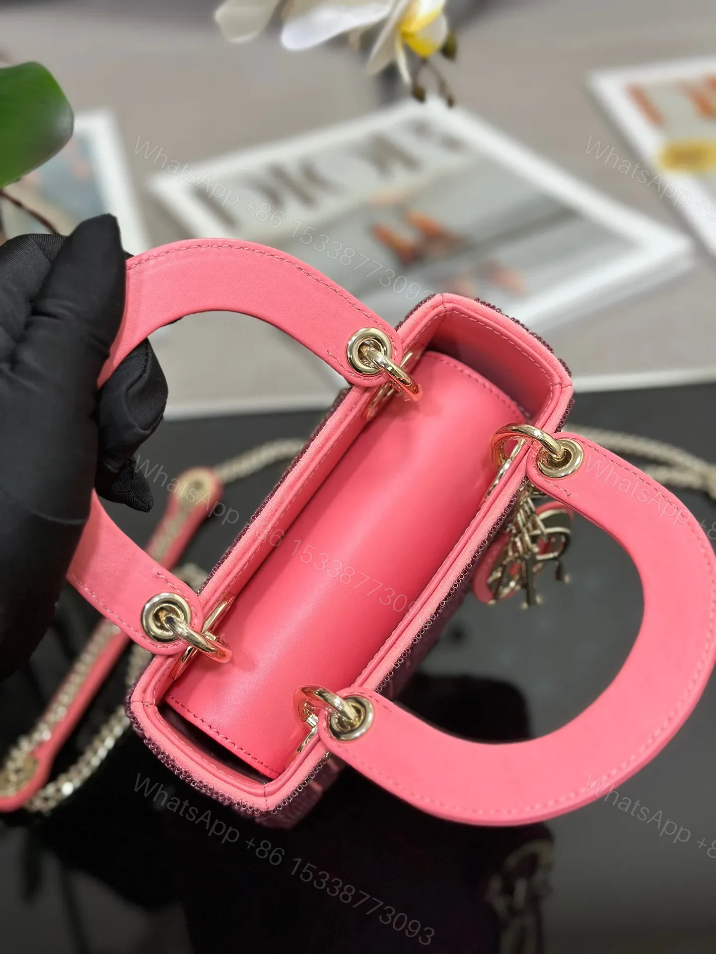 View 2 of Dior Lady Super Pink Handbag with Beads 17x15x7cm