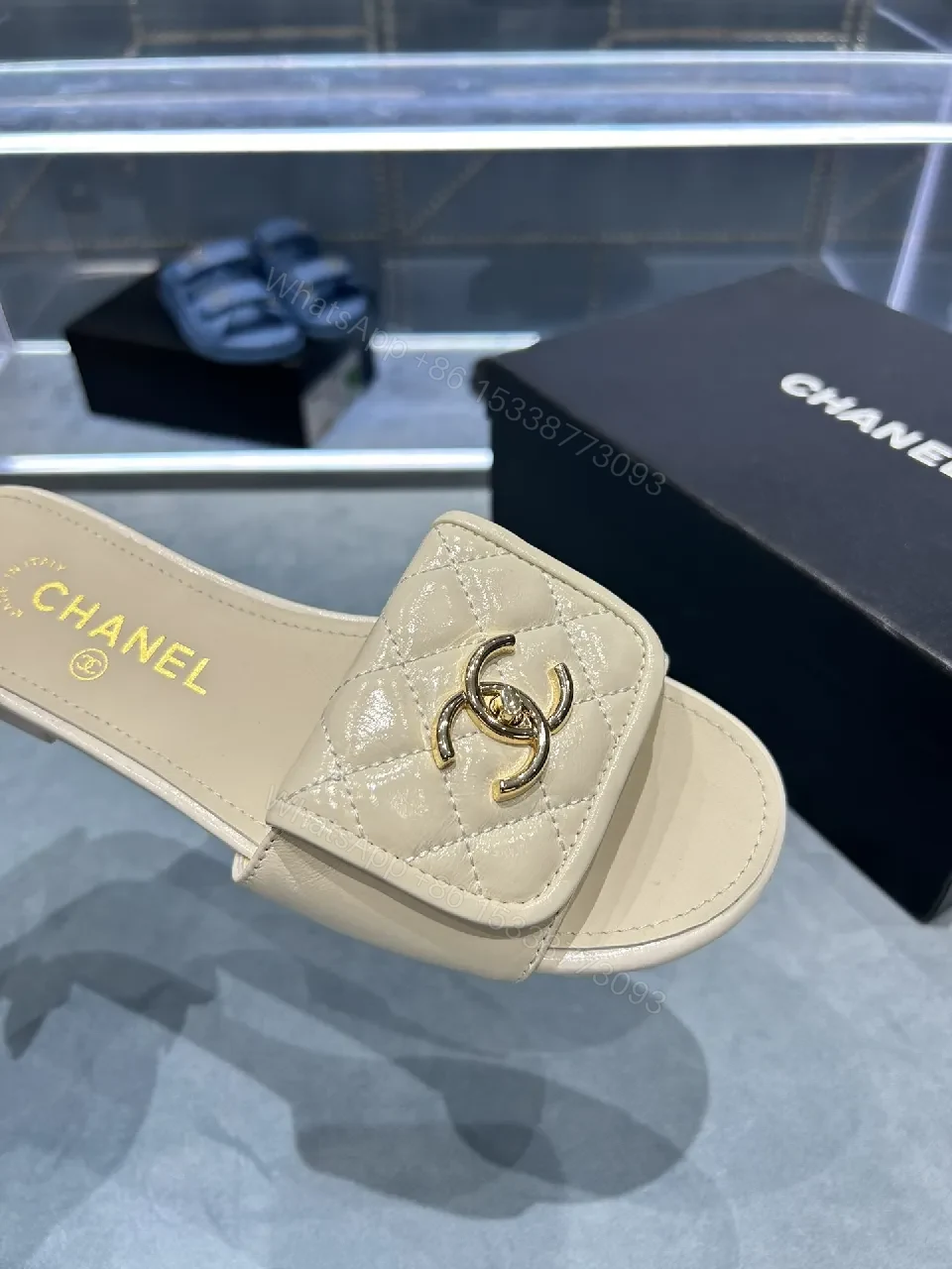 View 5 of Beige Quilted Strap Slide Sandals with Gold Double-C Logo