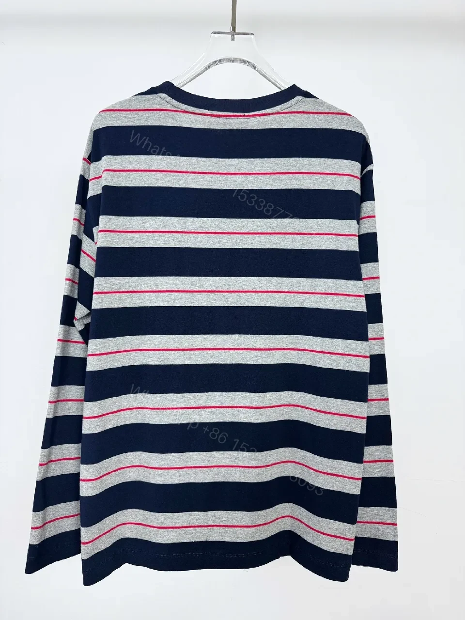 View 5 of Navy Gray Stripe Knit Top with Red Accent, Relaxed Fit