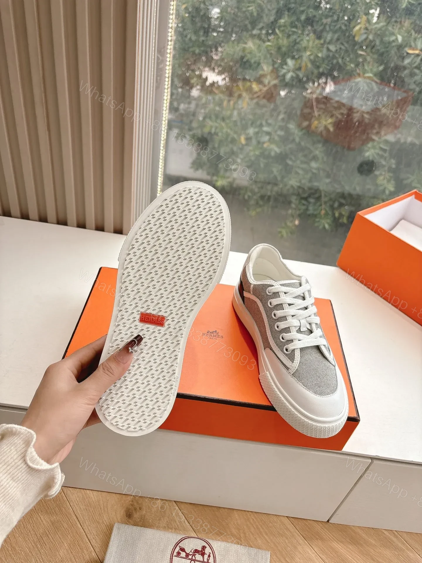 View 2 of Hermes Women White Gray Mesh Canvas Sneakers