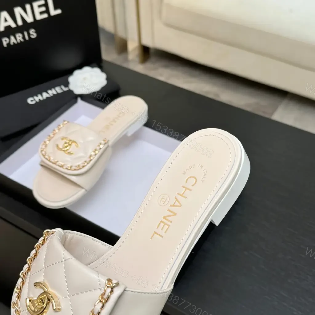 View 6 of Quilted Leather Slides + Gold Emblem + Luxury Casual Slip-ons