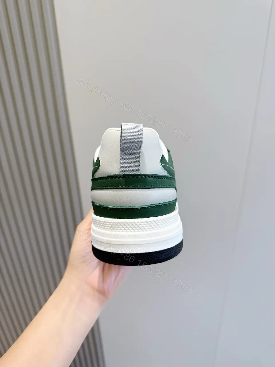 View 2 of Green Leather Runner Sneaker with White Laces Prada Style Sneakers
