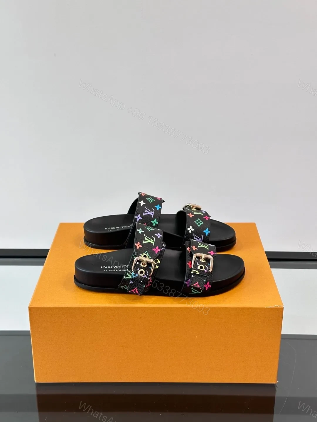 LV Men Black Leather Multicolor Monogram Slides — view 1