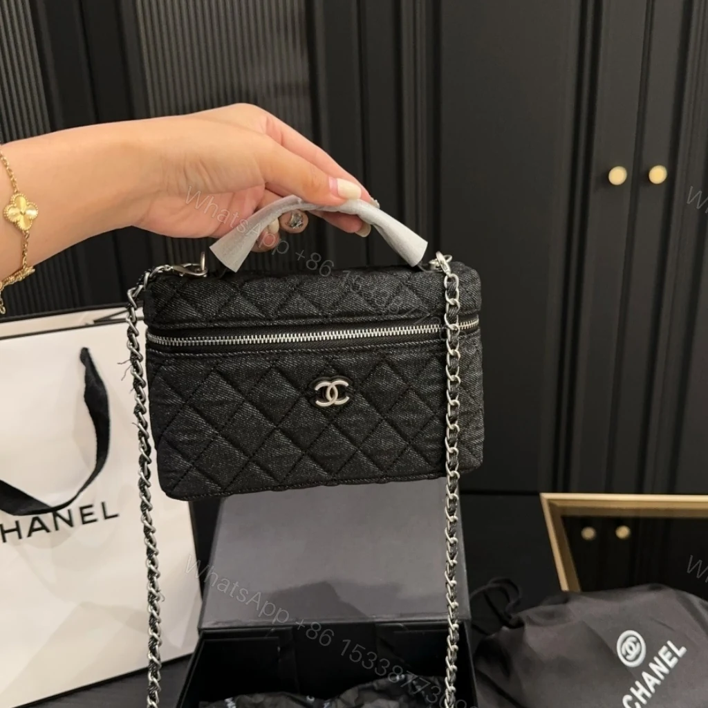 View 3 of Chanel Classic Vanity With Chain Silver Tone Denim Black 19cm
