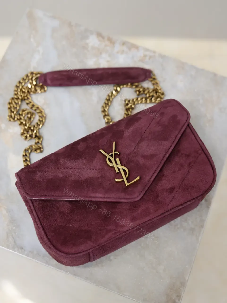 View 2 of Burgundy Suede Crossbody Bag with Gold Hardware