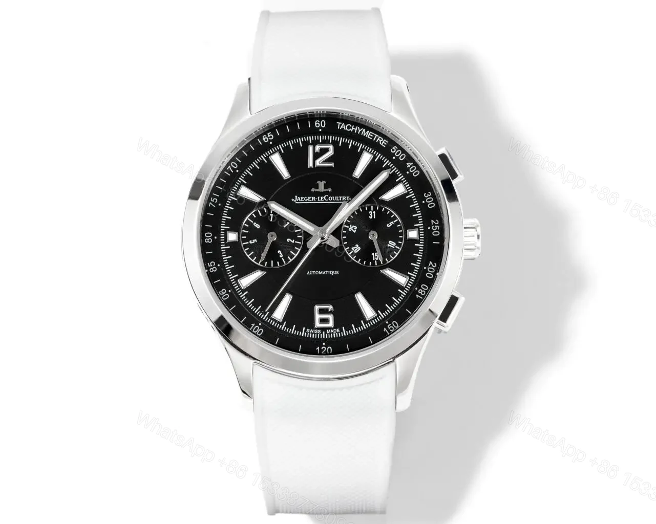 Jaeger LeCoultre Black Chronograph Watch White Rubber Strap Ultimate 42MM JLC-POL-CHRONO-BLK-WHT-RUB-42 — view 1
