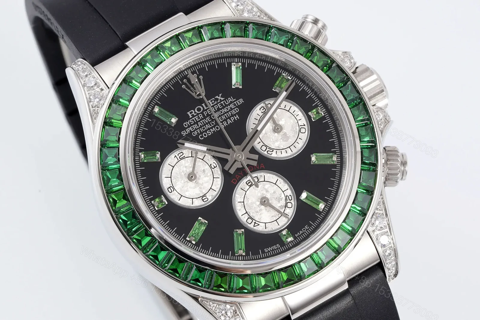 View 3 of Dazzling green diamond daytona replica 40MM Rubber Strap Edition ROLEX-DAYTONA-GRN-DIA-RUB-40