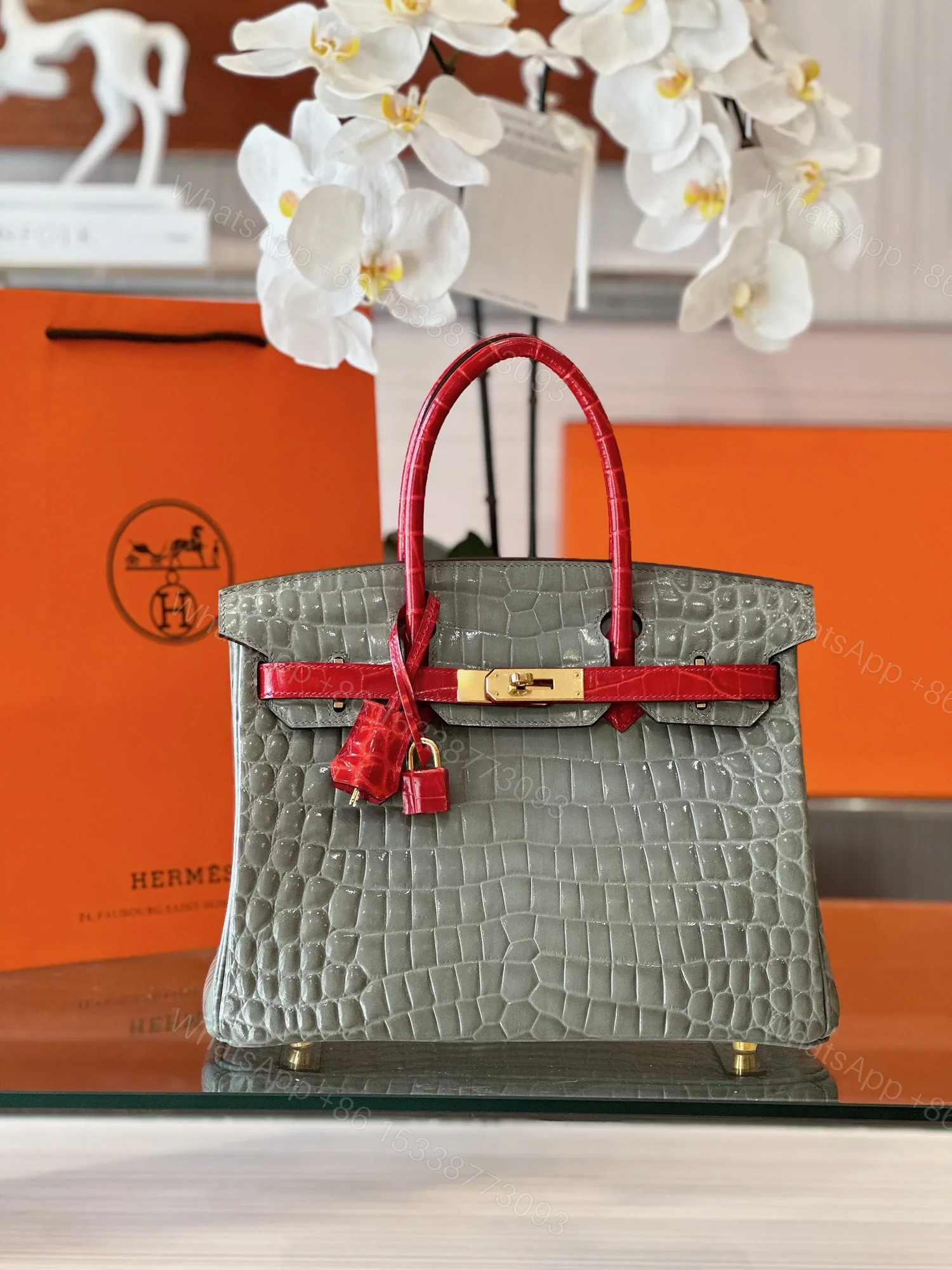 View 7 of HN Genuine Crocodile Leather Gray and Red Custom Made