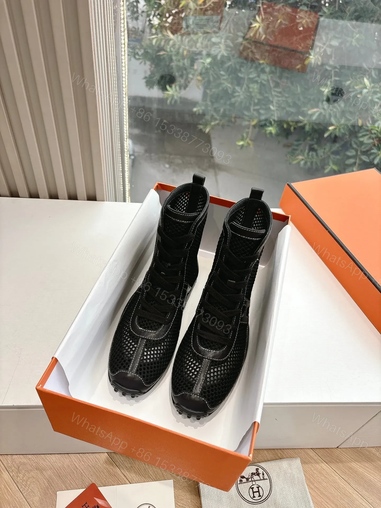 View 3 of Hermes Women Black Mesh And Leather Boots