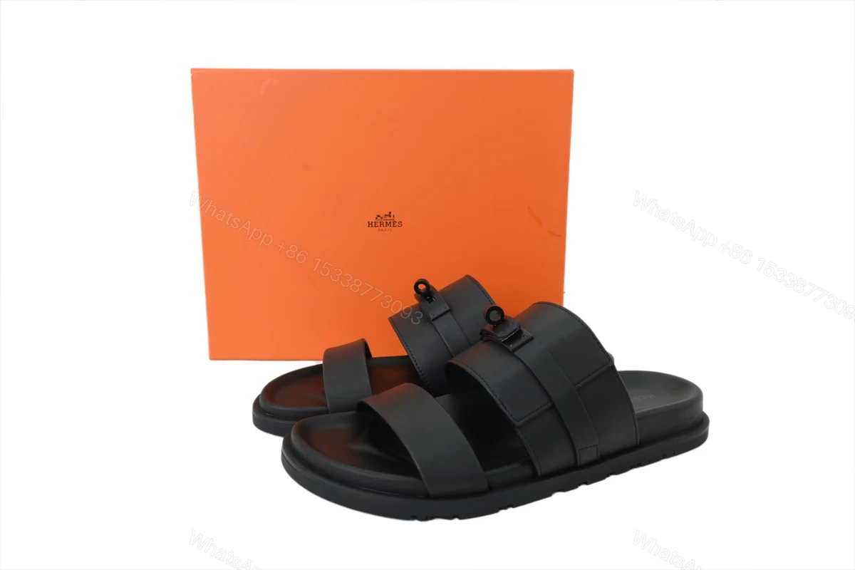 View 6 of HERMES Solid Black Button Slides