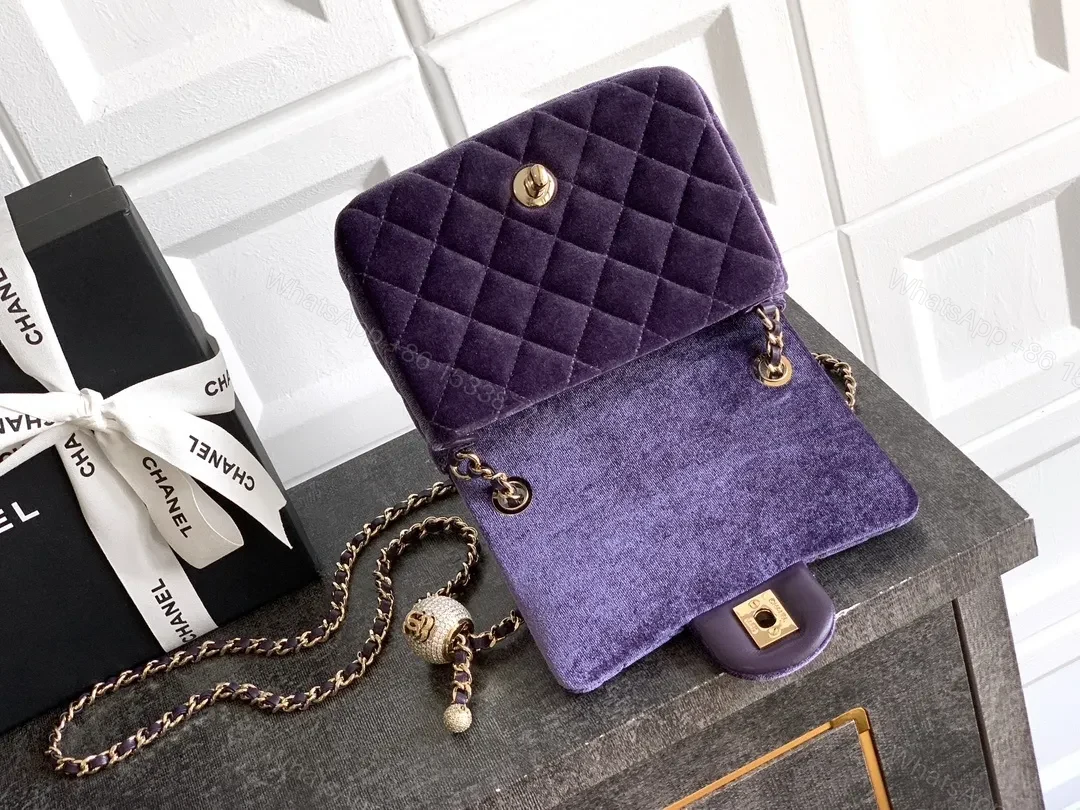 View 3 of Purple Velvet Quilted Shoulder Bag with Gold Hardware