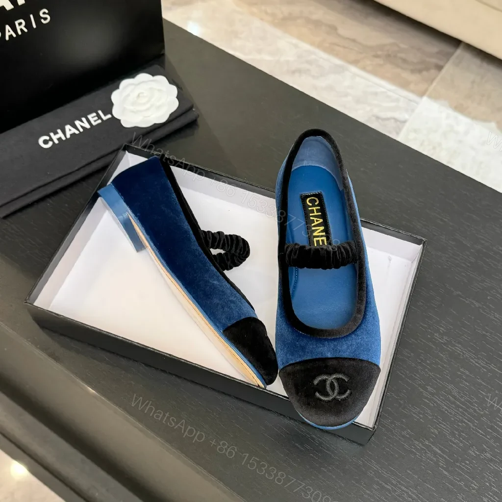 View 5 of Blue Velvet Ballet Flats with Black Cap-Toe Detail