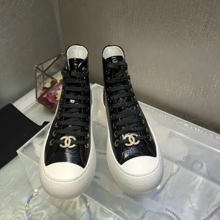 View 9 of Chanel-Inspired Black Patent High-Top Sneakers with Gold Logo