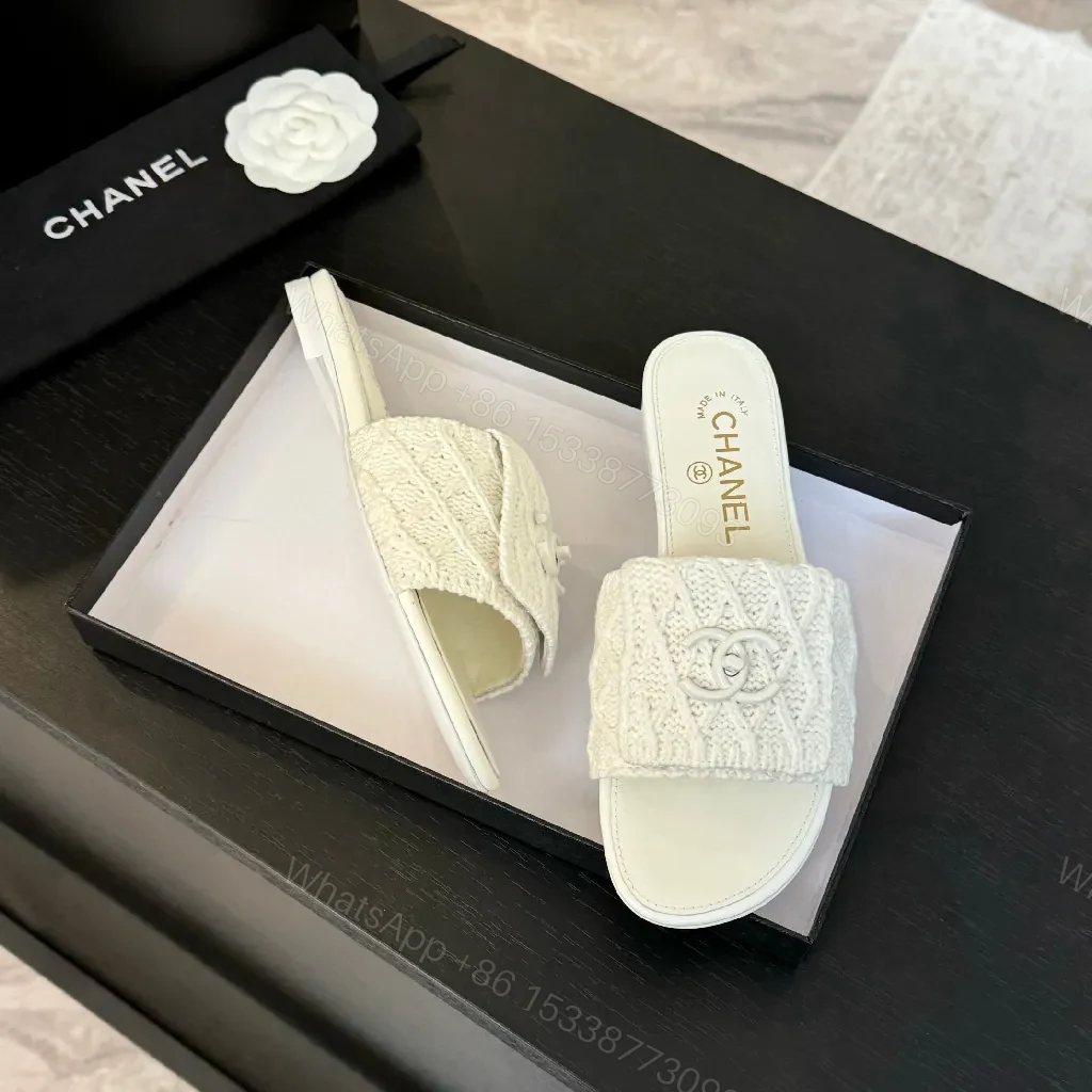 View 3 of Ivory Knit Slide with Logo Motif – Luxe Everyday Comfort
