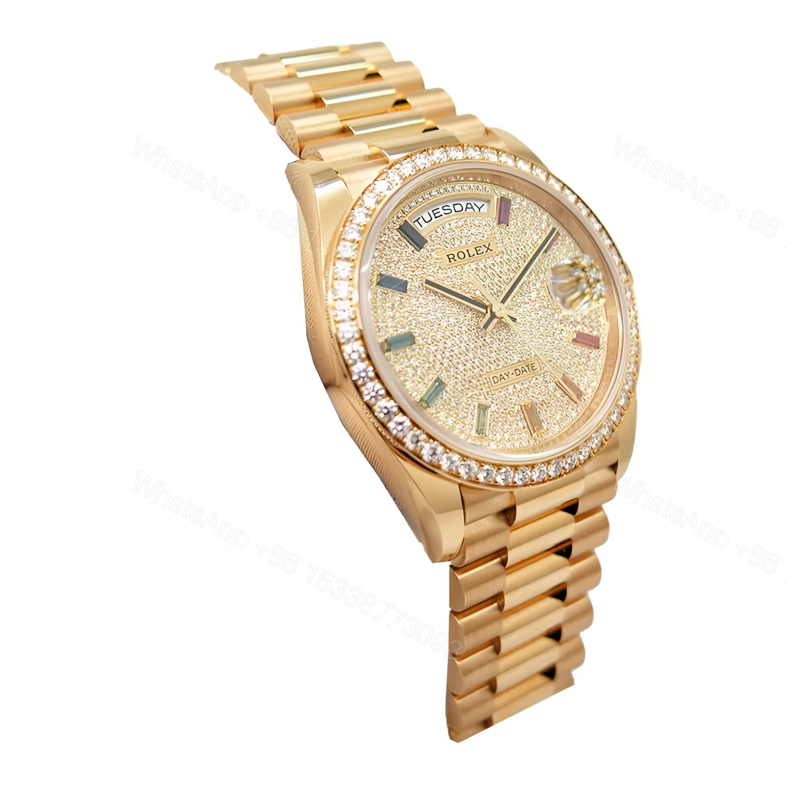 View 3 of Rolex Day-Date Yellow Gold With Pave Diamond Dial Sapphire 128348RBR-0030 Replica