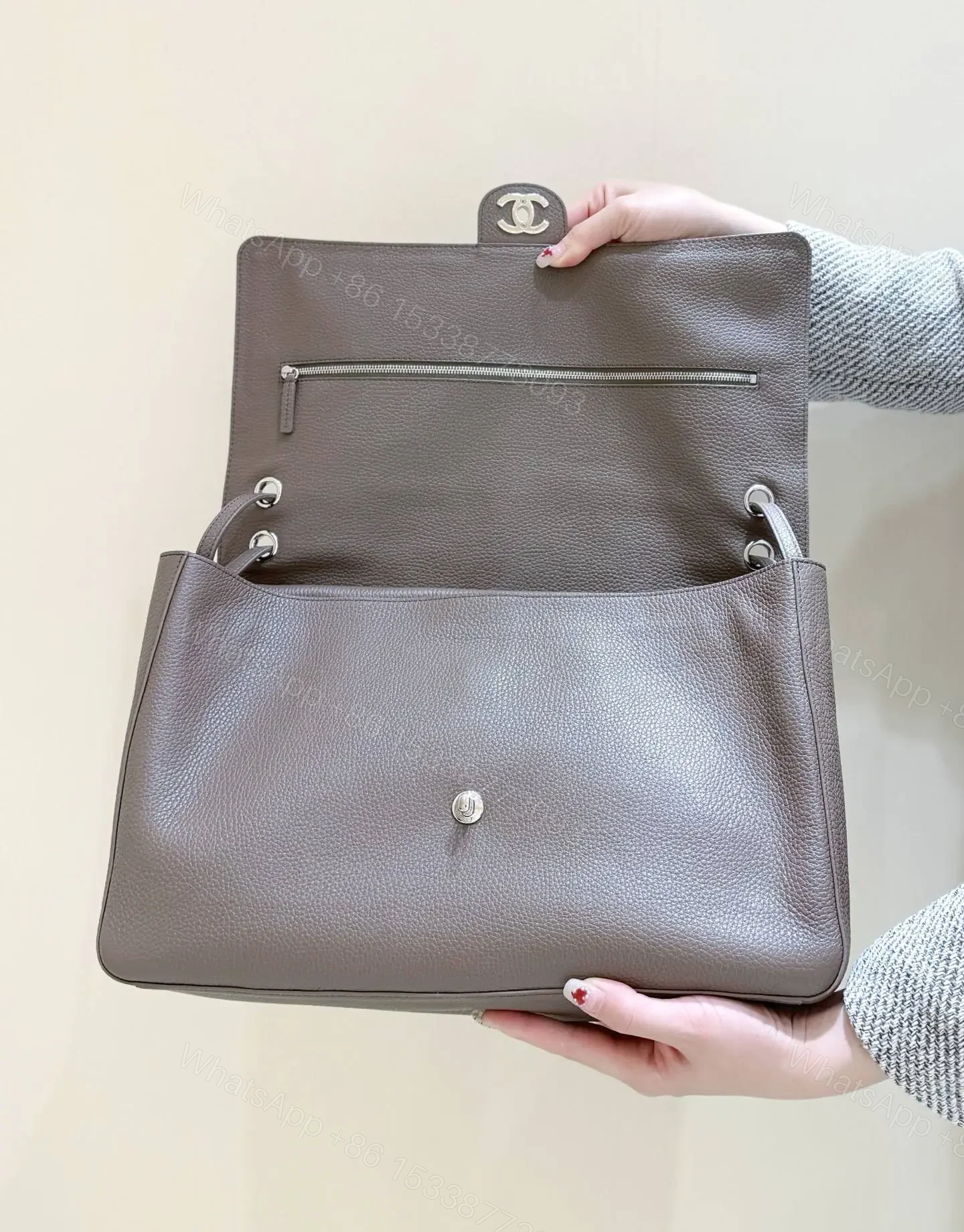 View 5 of Chanel Maxi Flap bag in Taupe Grained Calfskin SS26 Collection