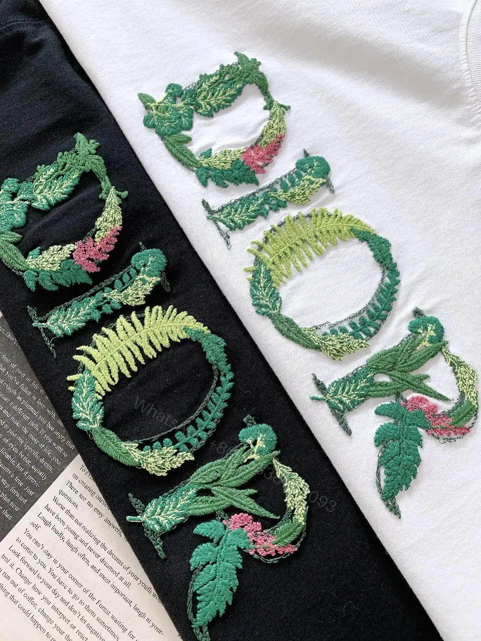 View 3 of Black Cotton Dior T Shirt Embroidered Leaf Logo Tee