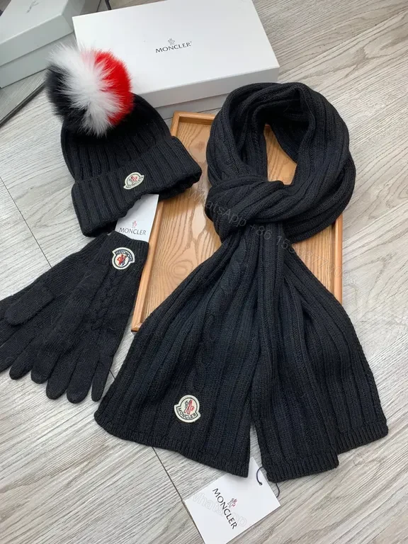 View 8 of Chic Black Wool Cable-Knit Set: Moncler Scarf & Beanie Gloves