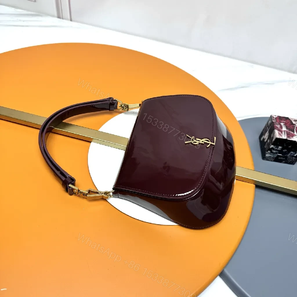 View 6 of Glossy Burgundy Velvet-Patent Mini Bag with Gold Hardware