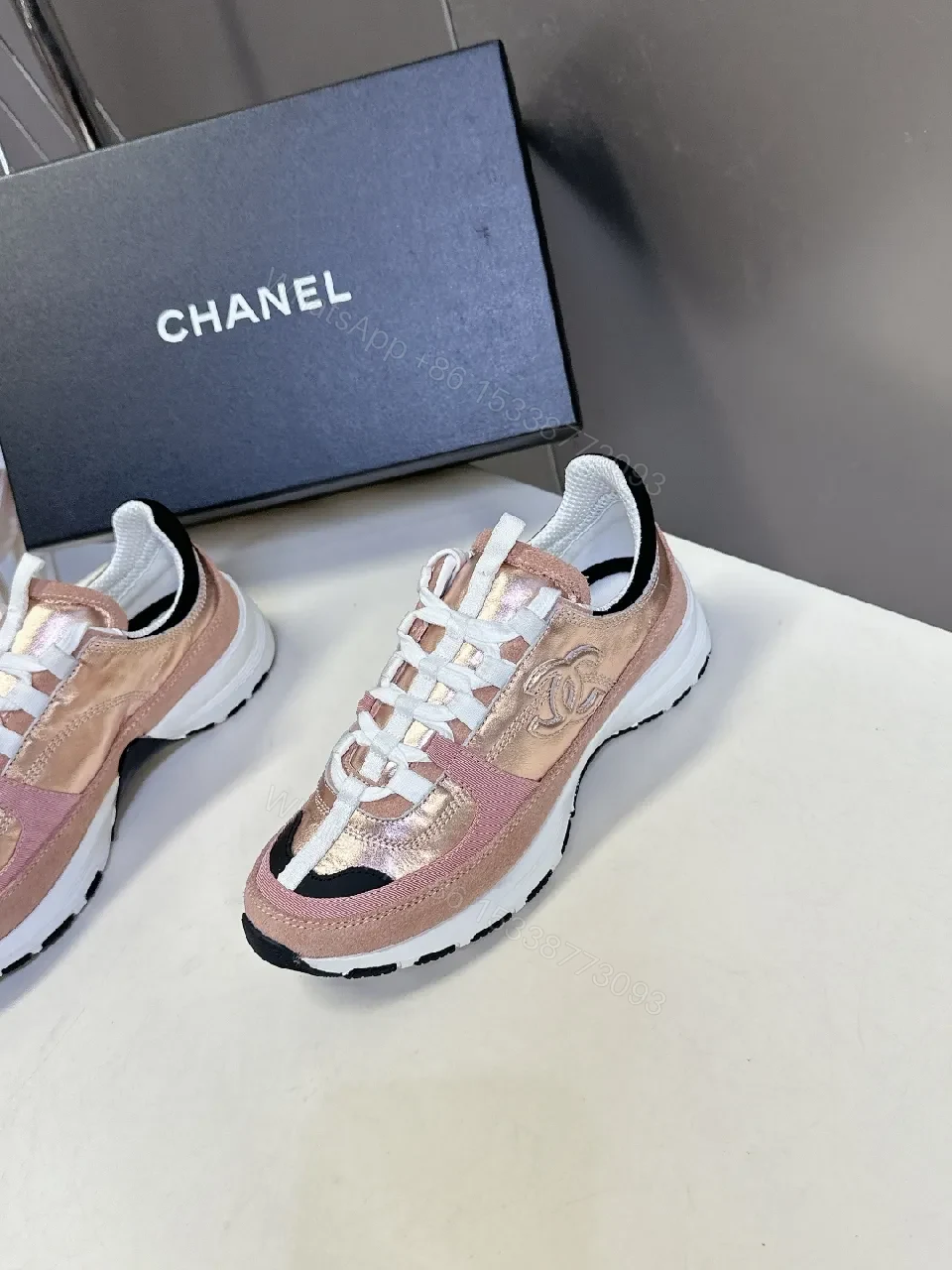 View 3 of Metallic Rose-Pink & White Sneakers: Couture-Style Everyday Luxury