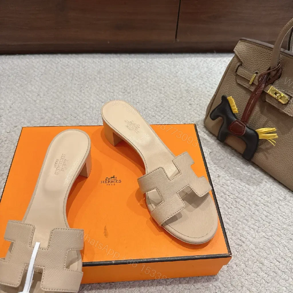 View 3 of Beige Leather Slide Sandals Hermès Style Comfort Shoes
