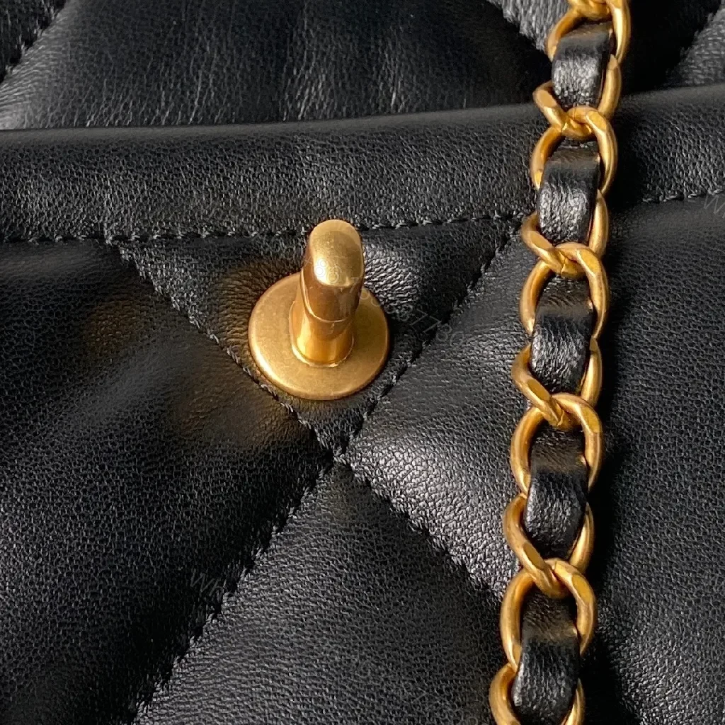 View 7 of Compact Quilted Black Chain Bag - Gold Hardware