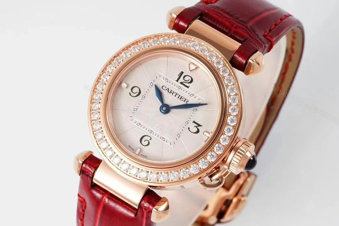 View 8 of K11 Factory Cartier Pasha de Cartier Women’s Watch, 30mm, Rose Gold with Diamond Bezel, Red Leather Strap, Blue Steel Hands