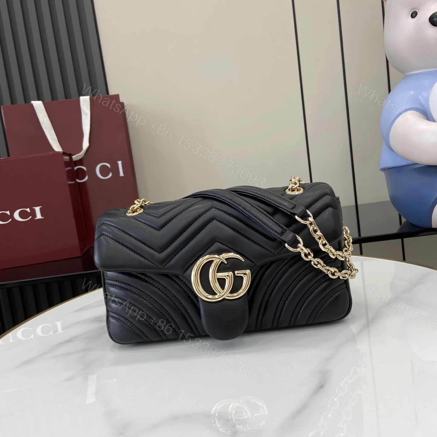 Gucci 原單GG Marmont黑色水桶包 圓筒鍊條小巧復刻 — view 1