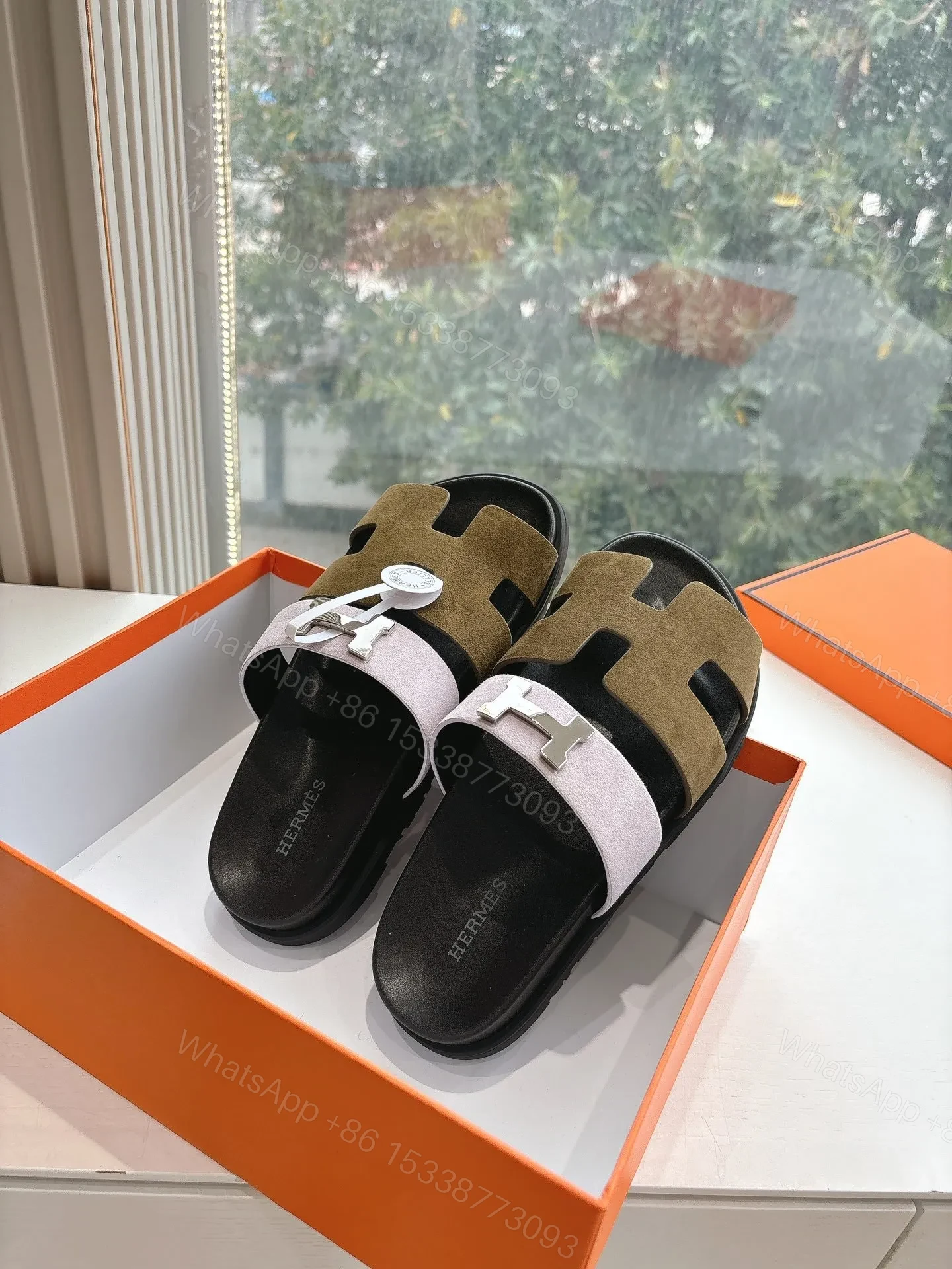 View 5 of Hermes Women Pink And Olive Suede Sandals