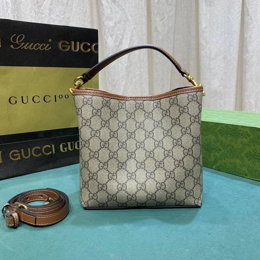 View 2 of Gucci GG Emblem Mini Bucket Bag Beige And Dark Brown ‎21Cm