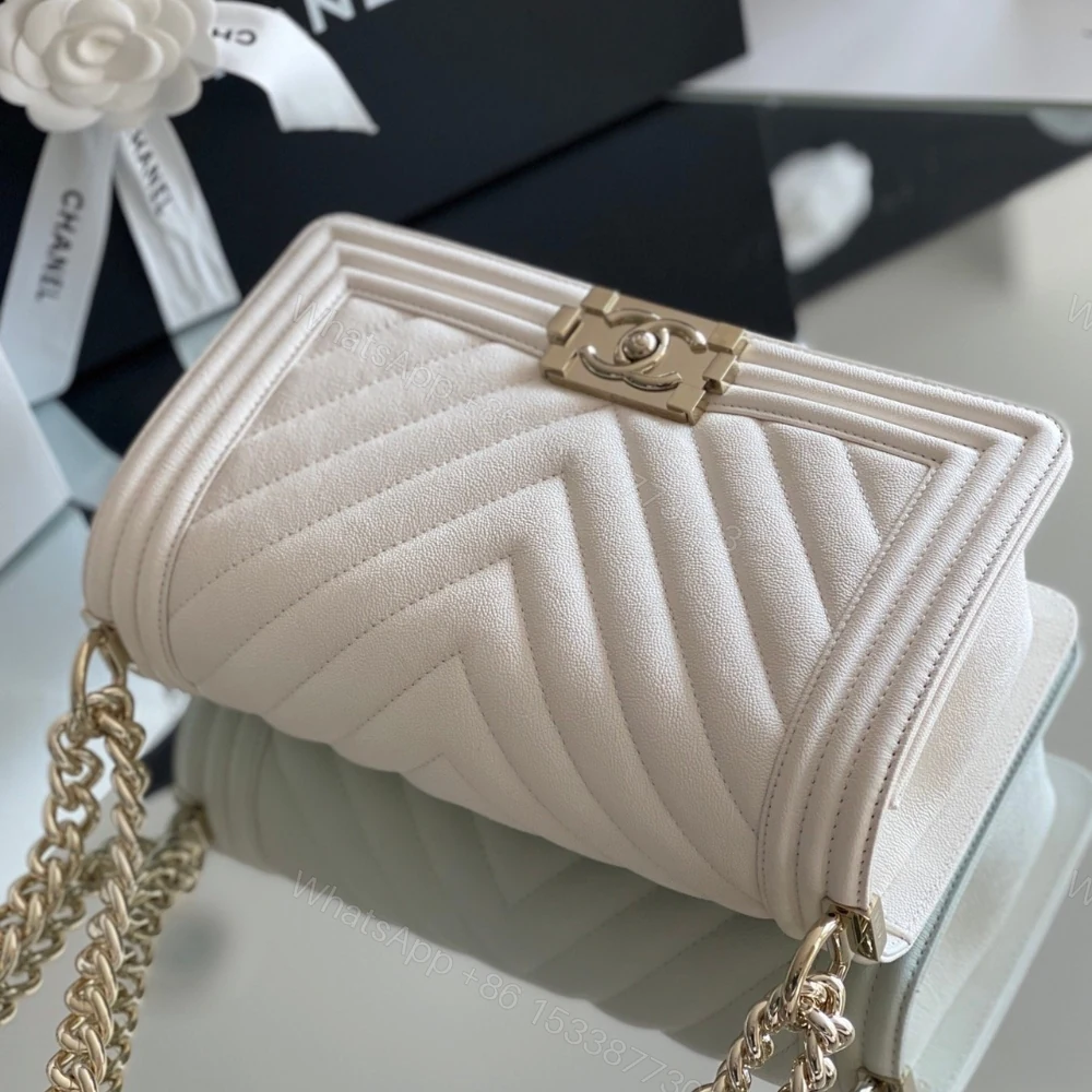 View 3 of Chanel Boy Bag White Gold Hardware 25Cm A67086