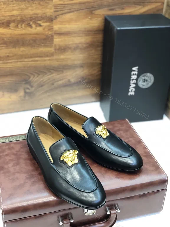Versace Black Leather Loafers with Gold Medusa Emblem — view 1