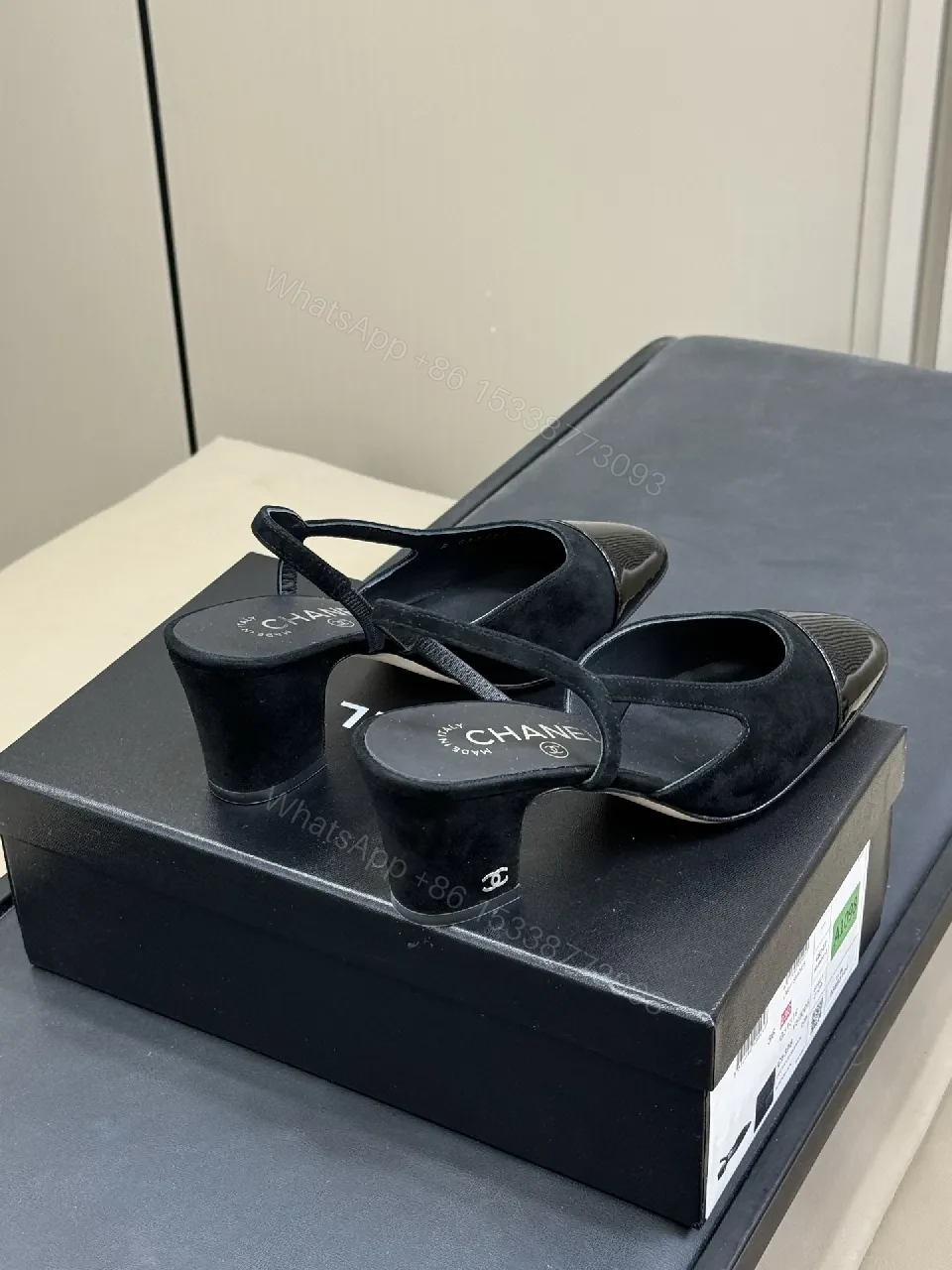 View 4 of Black Suede Slingback Heels with Patent Toe Cap, Luxe, Comfort-First