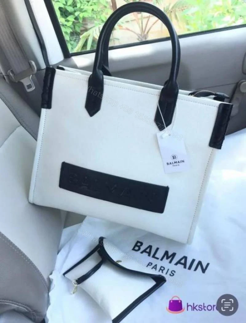 View 2 of First Copy Balmain Paris White Structured Tote Bag With Black Trim And Premium Finish