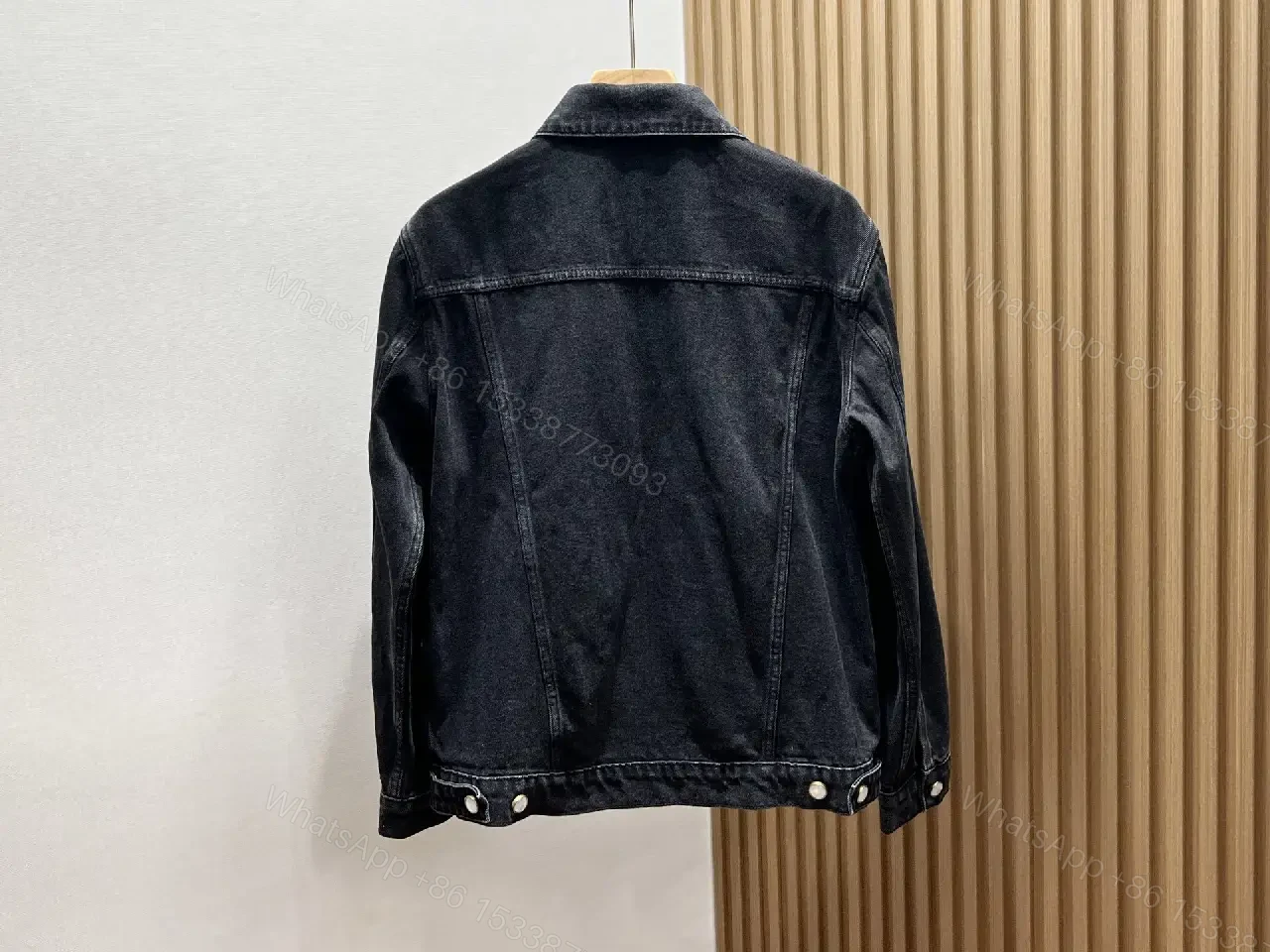 View 2 of Oversized Black Denim Jacket with Gold Monogram Embroidery