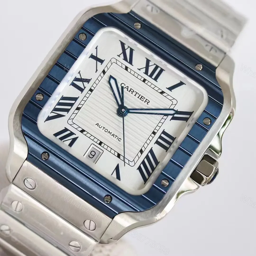 View 3 of Cartier super clone Santos Blue Bezel White Dial Steel Bracelet 40MM Premium RG-CARTIER-SANTOS-BLU-BEZ-WHT-STL-40