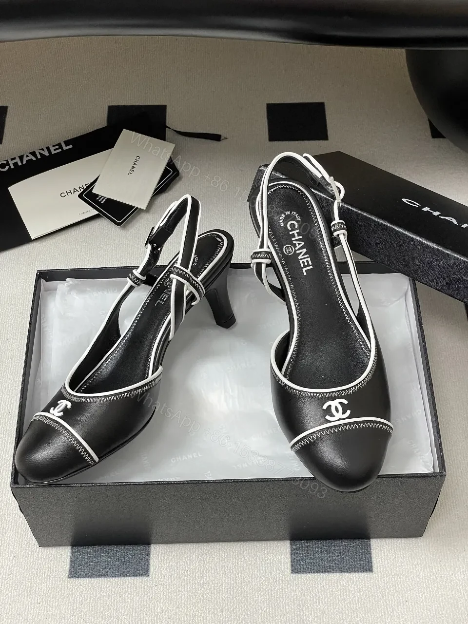 View 4 of Satin-Lace Slingback Heels with Signature Stitch Detail