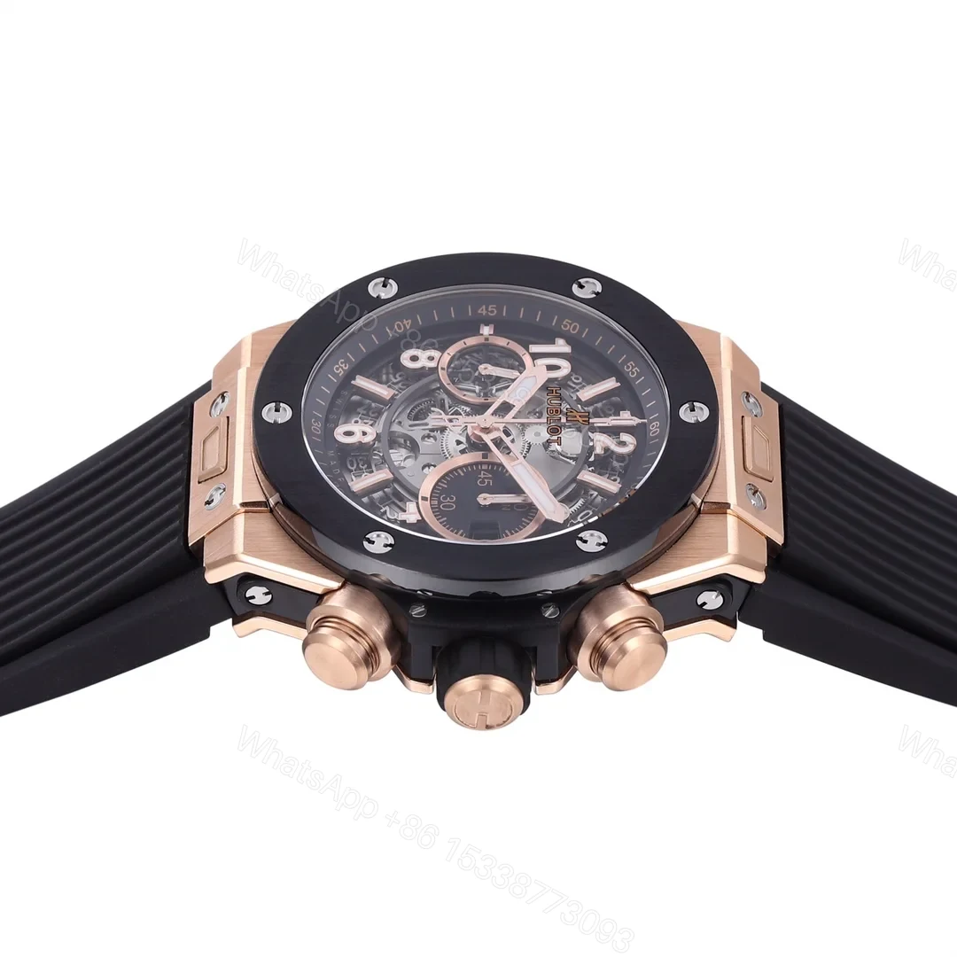 View 7 of Hublot Big Bang Rose Gold Replica 44MM Premium Black Bezel Rubber Strap Edition RG-HUBLOT-BIGBANG-RG-44