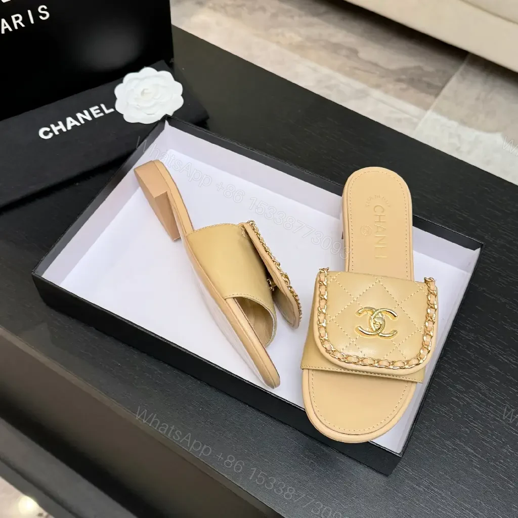View 6 of Beige Quilted Leather Slide with Gold Crest, Luxe Casual