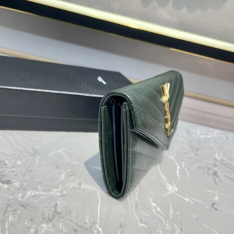 View 2 of Emerald Chevron Leather Wallet by YSL, Compact Luxury