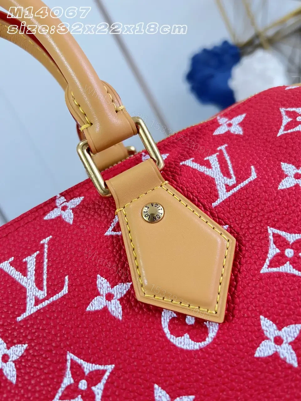 View 5 of Red Monogram-Pattern Leather Tote Bag with Tan Accents and Top Handles