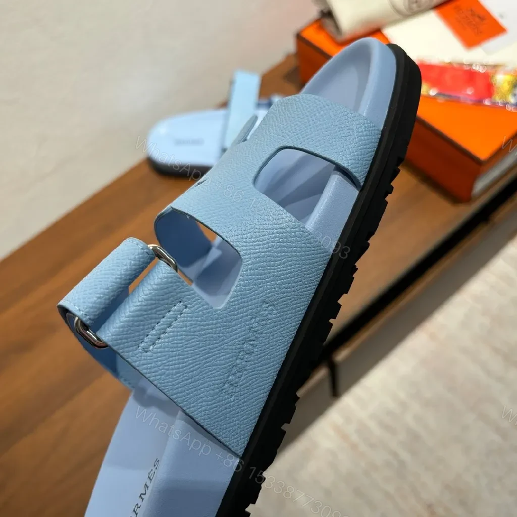 View 3 of Light-Tide Blue Leather Slide Sandals, Modern Cutout Comfort