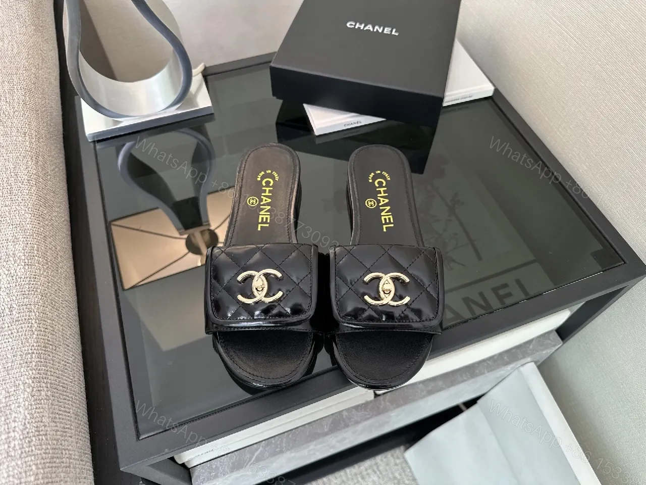 View 7 of Black Quilted Slide with Gold Logo — Luxe Comfort Slide