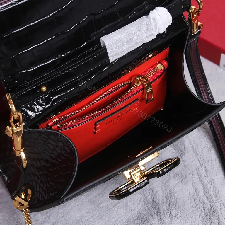 View 4 of Croc-Embossed Satchel: Black Calfskin Valentino Bag