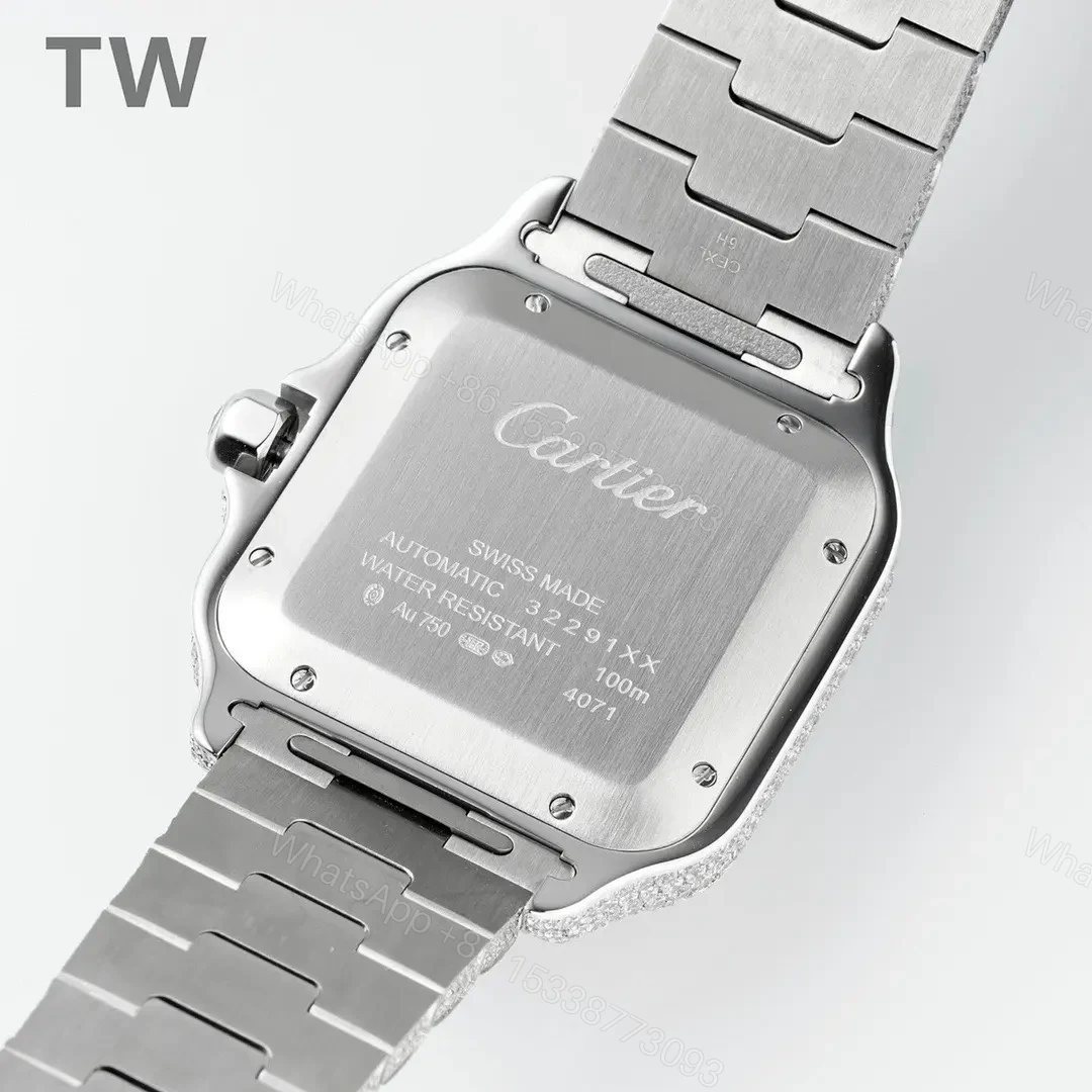 View 8 of K11 Factory Cartier Santos Large Diamond Bezel Full Diamond Set Watch – Silver with Blue Hands, Automatic Movement, 40mm Stainless Steel Case, Sapphire Crystal, QuickSwitch Strap System