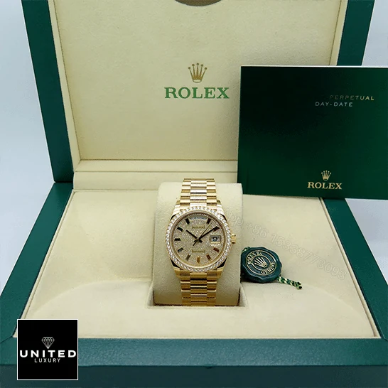 View 9 of Rolex Day-Date Yellow Gold With Pave Diamond Dial Sapphire 128348RBR-0030 Replica