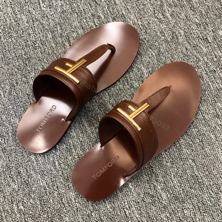 View 7 of Brown Leather T-Bar Sandal with Gold Hardware - Tom Ford Style